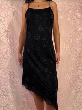 Vintage Black glitter floral slip dress with asymmetrical hem